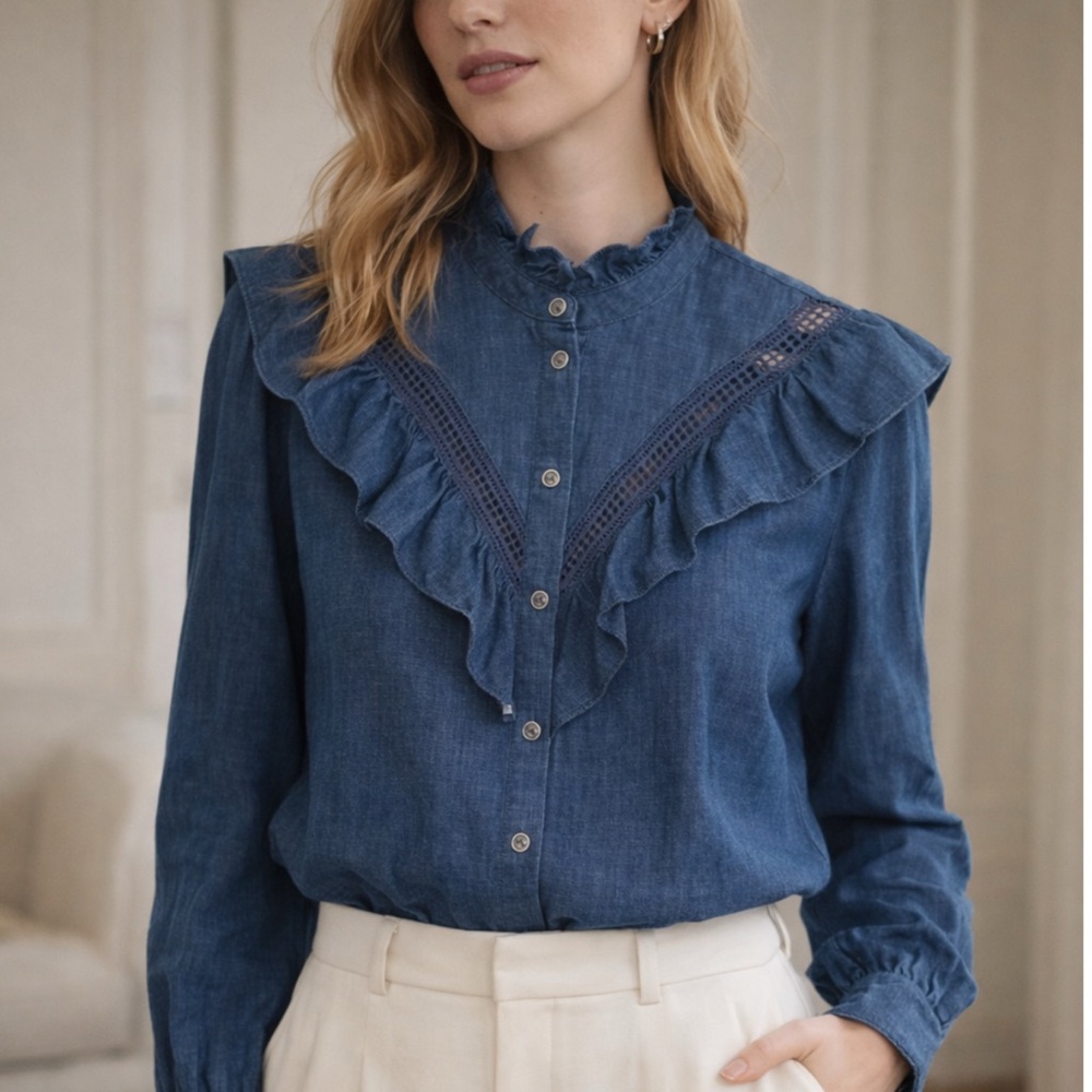 Kate Spade Ellie Long Sleeve Ruffle Blouse in Dark Blue Chambray